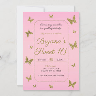 Invitation Fête douce 16 ans Papillon Paillettes Rose & Or