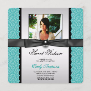 Invitation Fête douce 16 ans Photo Damask de Teal