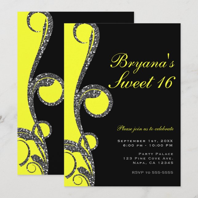 Invitation Fête douce 16 Black & Neon Yellow Glitter (Devant / Derrière)