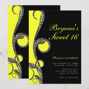 Invitation Fête douce 16 Black & Neon Yellow Glitter Swirl