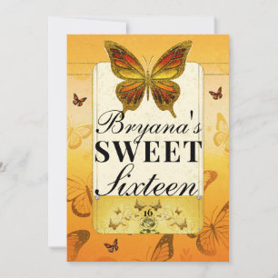 Invitation Fête douce 16 papillon orange jaune et or