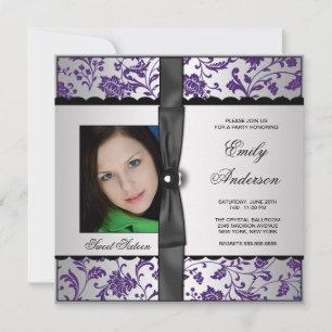 Invitation Fête Douce 16 Photo en Damassé Violet