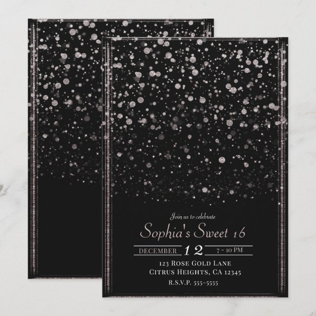 Invitation Fête Douce 16 Rose Gold & Black Confettis (Devant / Derrière)