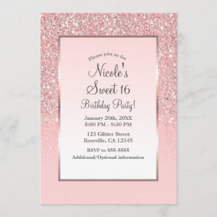 Invitation Fête Douce 16 Rose Gold Paillettes Rose Brillante