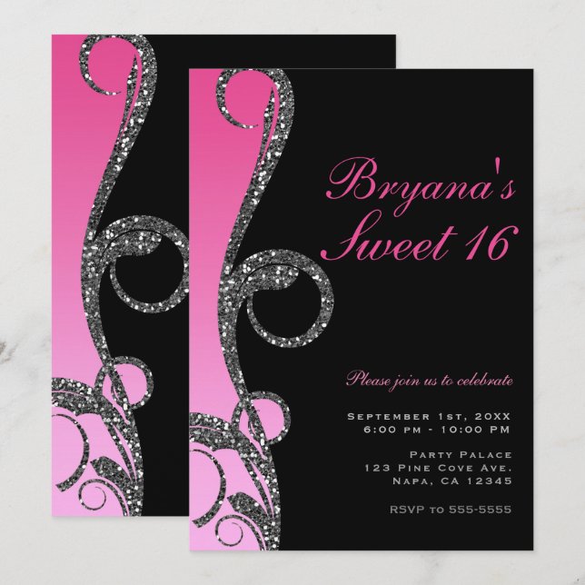 Invitation Fête Douce 16 Rose Noir Argent Paillettes Tourbill (Devant / Derrière)