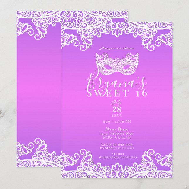 Invitation Fête Douce 16 Rose Violet Blanc Dentelle Mascarade (Devant / Derrière)