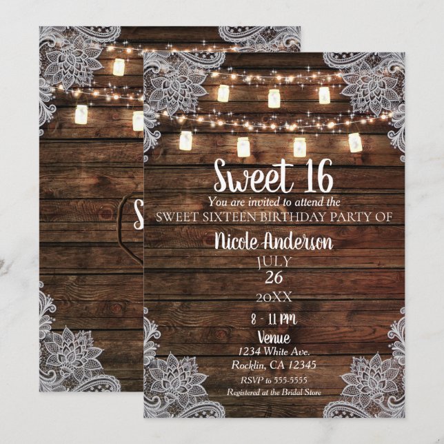 Invitation Fête Douce 16 Rustique Bois de Grange & Pots Mason (Devant / Derrière)