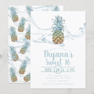 Invitation Fête Douce de 16 ans d'été au jus d'ananas bleu po