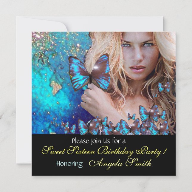 INVITATION FÊTE DOUCE DE 16 ANS PAPILLON BLEU  MONOGRAMME, OR (Devant)