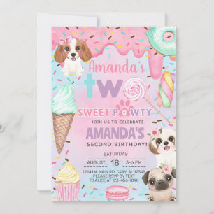 Invitation Fête douce des chiots fille deuxième, 2e anniversa