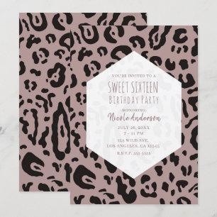 Invitation Fête Douce Mauve Rose Cheetah Léopard 16 ans en