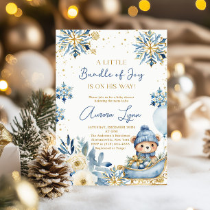 Invitation Fête d'ours bleu de Noël pour bébé garçon 