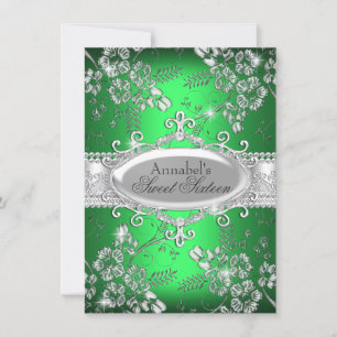 Invitation Fête Douze Ans Fleur Éclat Argent Vert