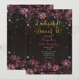 Invitation Fête Douze Ans Rose Fleurie Or Baie Enchantée