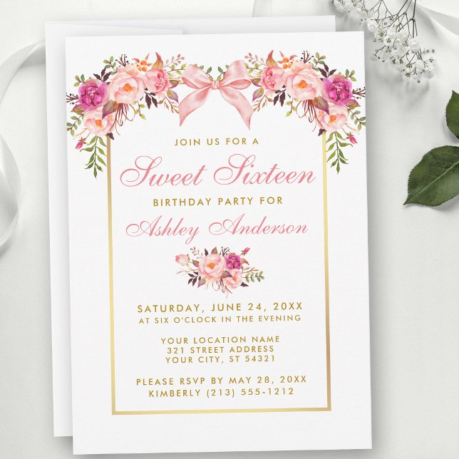 Invitation Fête Douze Ans Thème Roses Aquarelle Ruban Rose (Customize to change text color, text style or to add text to back of card.)