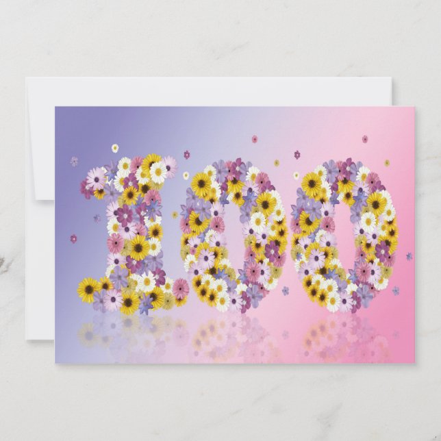 Invitation Fête du 100e anniversaire, avec des lettres fleuri (Devant)