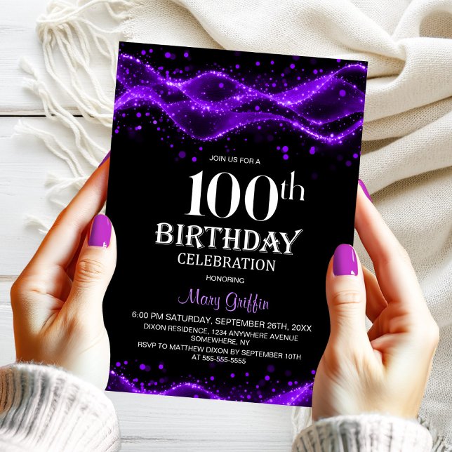 Invitation Fête du 100e anniversaire moderne noir et violet (Créateur téléchargé)