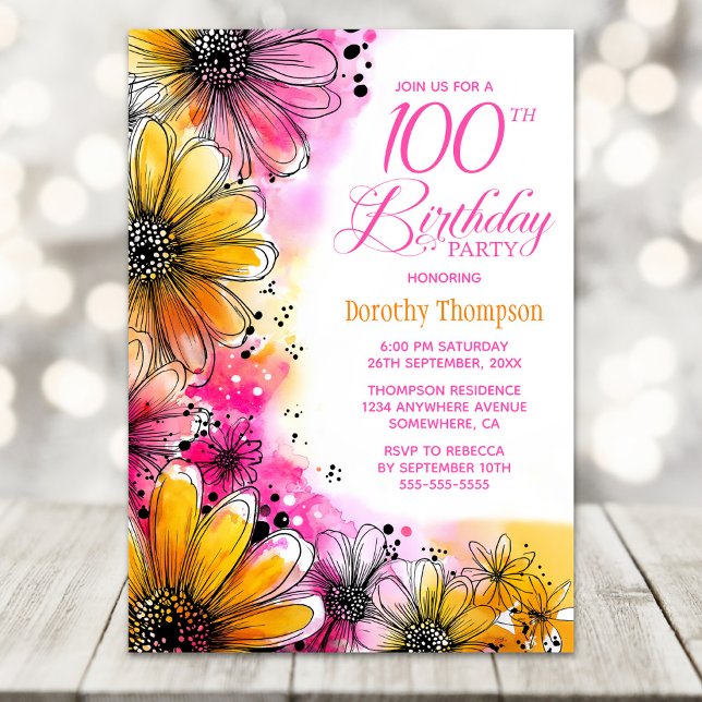 Invitation Fête du 100e anniversaire rose et orange (Créateur téléchargé)