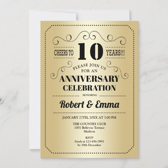 Invitation Fête du 10e Anniversaire de Mariage - Or Noir (Devant)