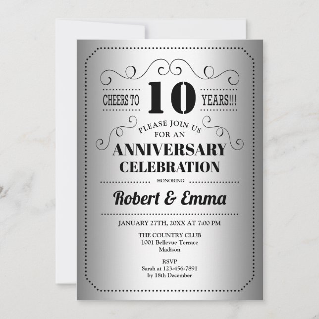 Invitation Fête du 10ème anniversaire de mariage - Argent Noi (Devant)