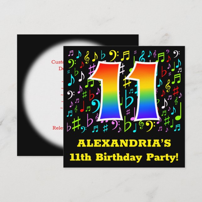 Invitation Fête du 11e anniversaire : Symboles de musique amu (Devant / Derrière)