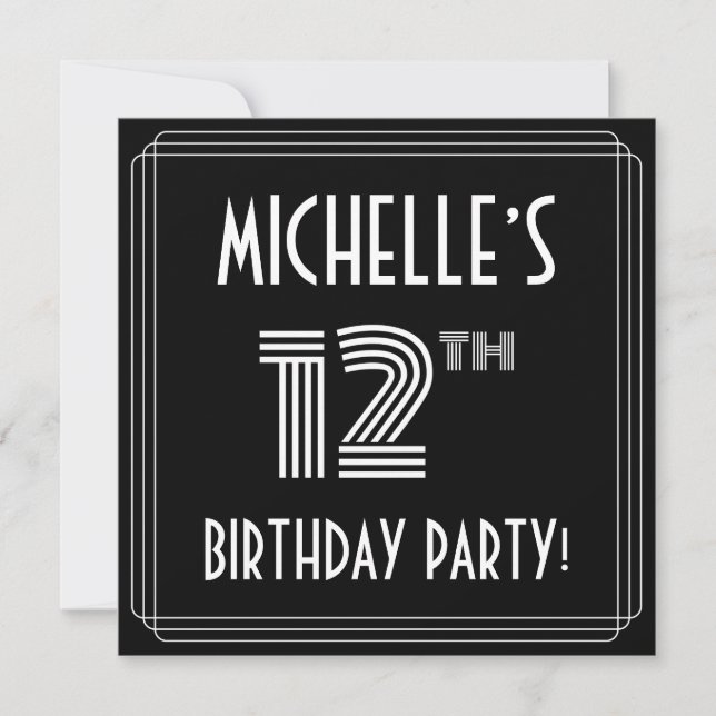 Invitation Fête du 12e anniversaire : Art Déco Style avec Nom (Devant)