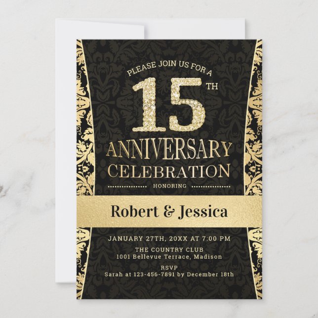 Invitation Fête du 15e Anniversaire - Noir Or (Devant)