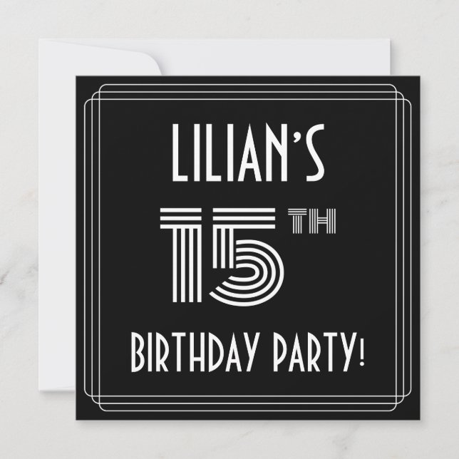 Invitation Fête du 15e anniversaire : Style Art Déco avec nom (Devant)