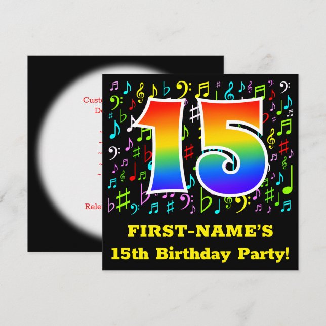 Invitation Fête du 15e anniversaire : Symboles de musique amu (Devant / Derrière)
