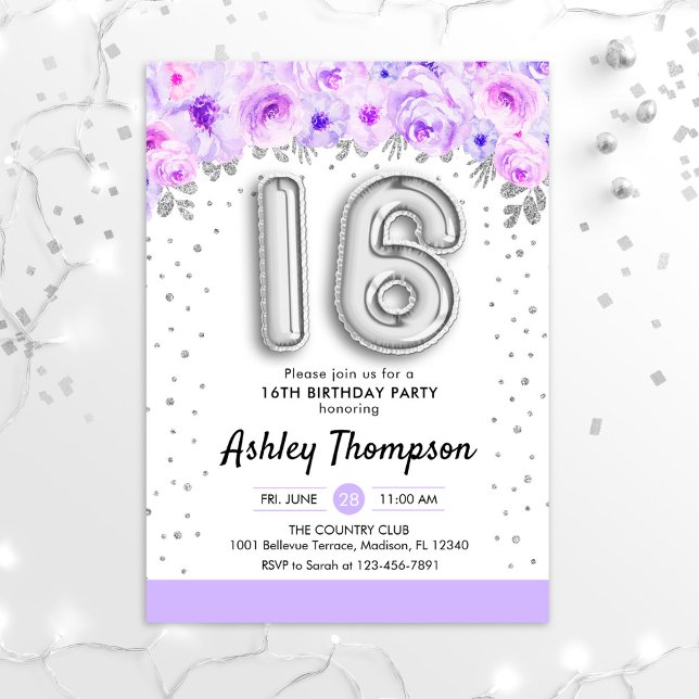 Invitation Fête du 16e anniversaire - Ballons d'argent violet (Créateur téléchargé)