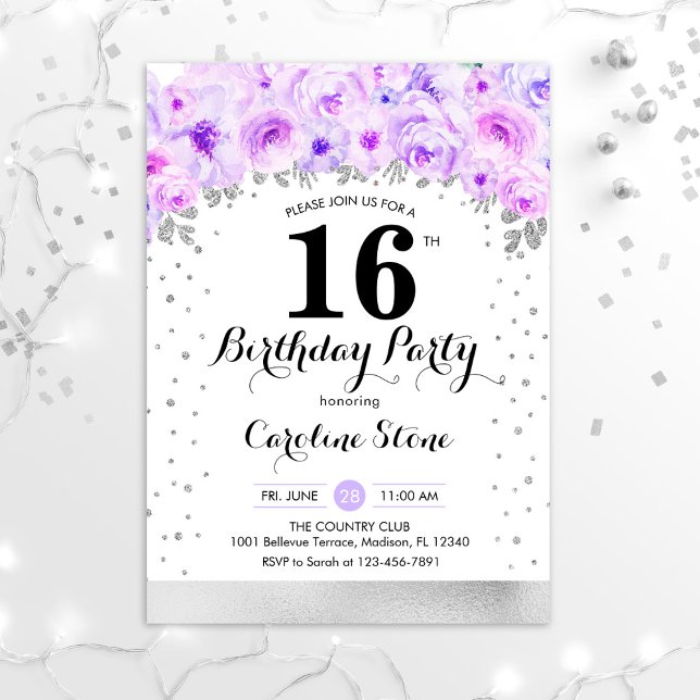 Invitation Fête du 16e anniversaire - Fleurs violettes argent (Créateur téléchargé)