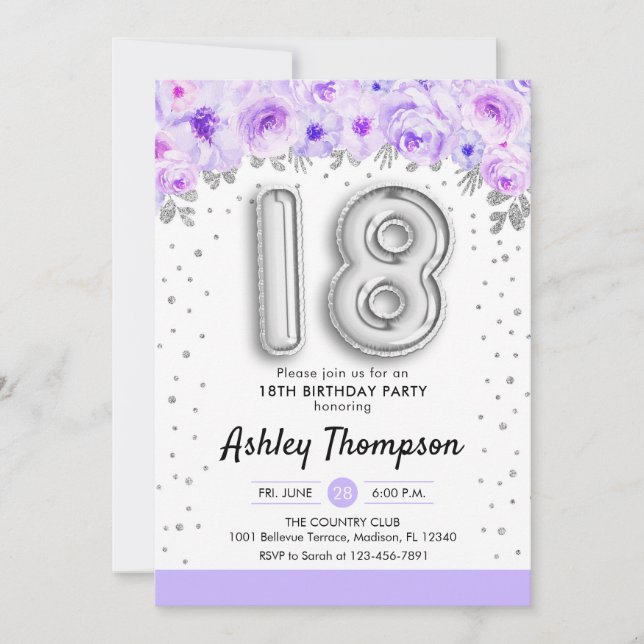 Invitation Fête du 18e anniversaire - Ballons d'argent violet (Devant)