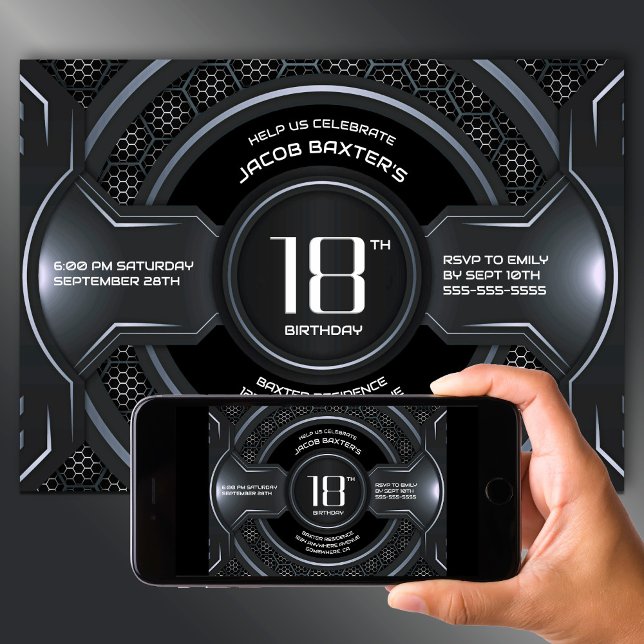 Invitation Fête du 18e anniversaire de l'argent noir moderne (Créateur téléchargé)