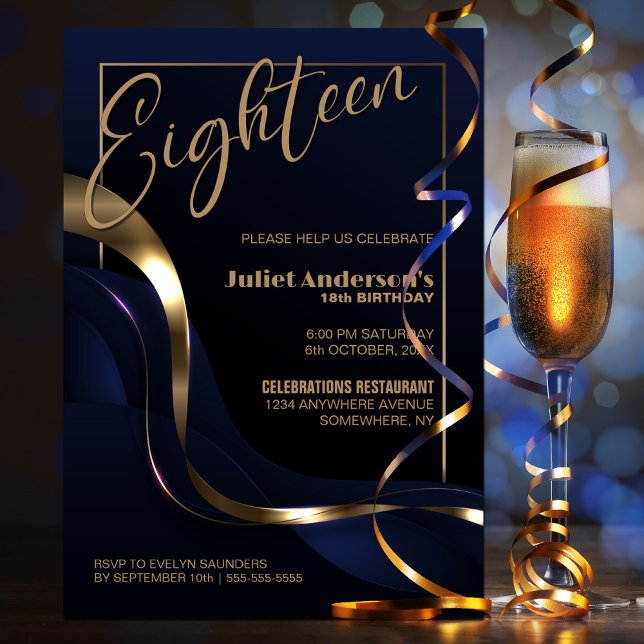 Invitation Fête du 18e anniversaire de l'or bleu moderne (Créateur téléchargé)