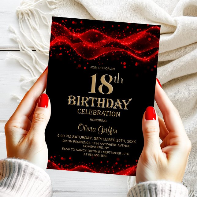 Invitation Fête du 18e anniversaire moderne noir et rouge (Créateur téléchargé)
