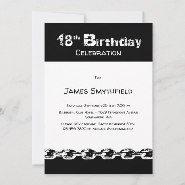 Invitation Fête du 18e anniversaire noir et blanc (Devant)