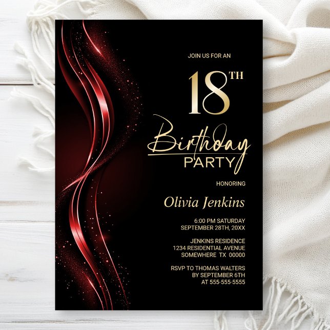 Invitation Fête du 18e anniversaire, noir et rouge élégant (Créateur téléchargé)