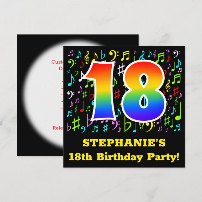Invitation Fête du 18e anniversaire : Symboles de musique amu (Devant / Derrière)