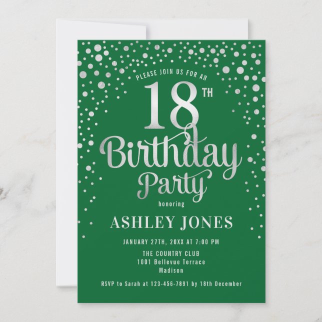 Invitation Fête du 18e anniversaire - Vert & Argent (Devant)