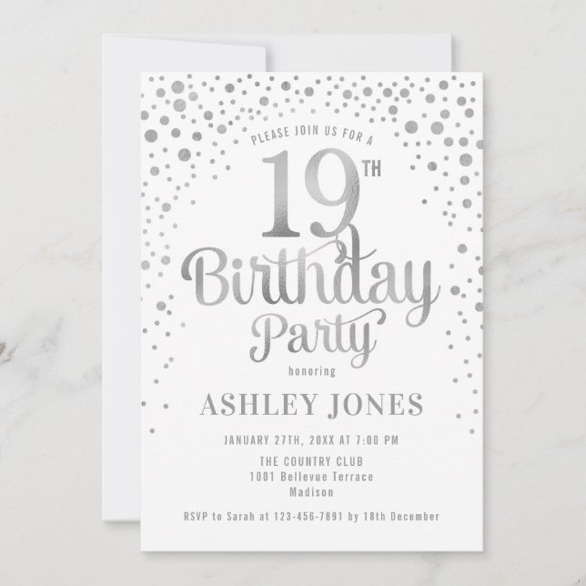 Invitation Fête du 19e anniversaire - Blanc & Argent (Devant)