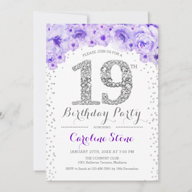 Invitation Fête du 19e anniversaire - Blanc Argent violet (Devant)