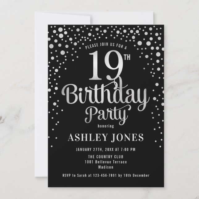 Invitation Fête du 19e anniversaire - Noir & Argent (Devant)