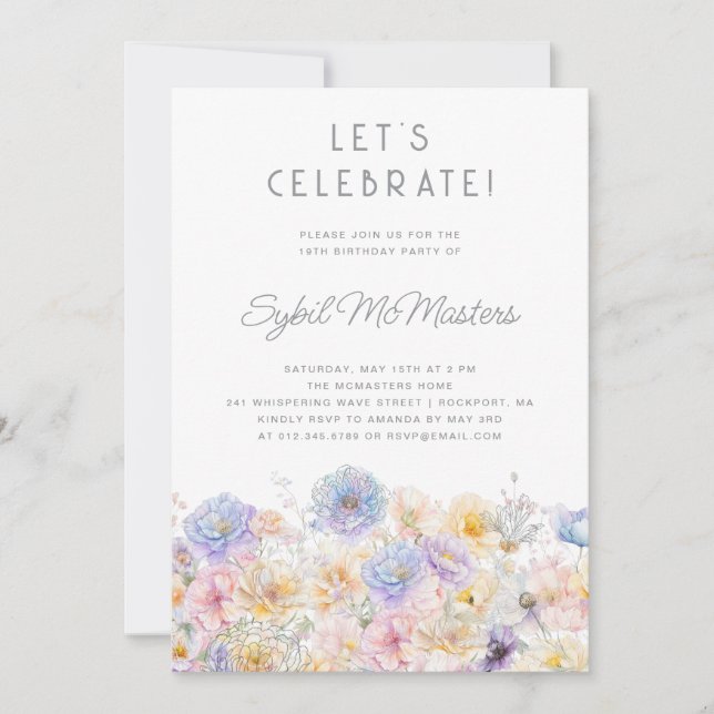 Invitation Fête du 19e anniversaire Printemps Aquarelle Flora (Devant)