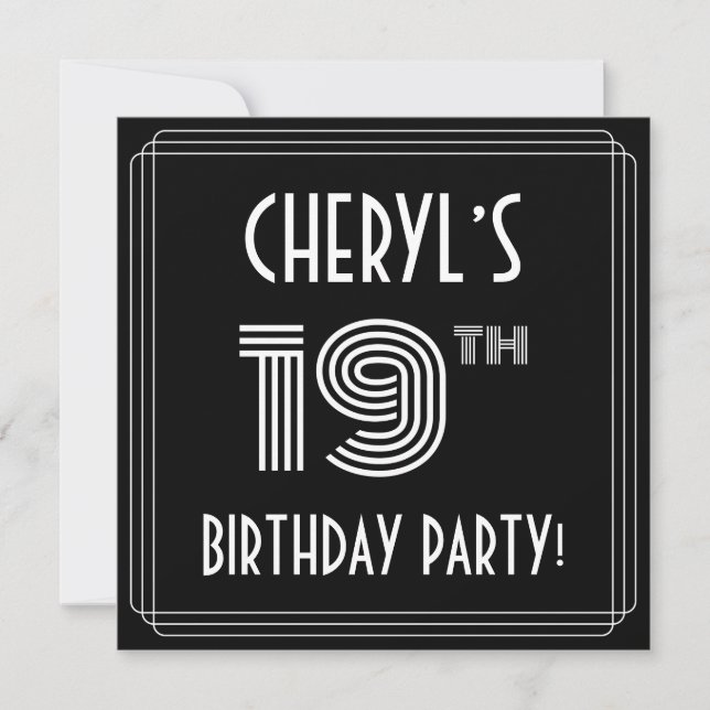 Invitation Fête du 19e anniversaire : Style Art Déco avec nom (Devant)