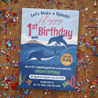 Invitation Fête du 1er anniversaire : dauphins colorés et amu