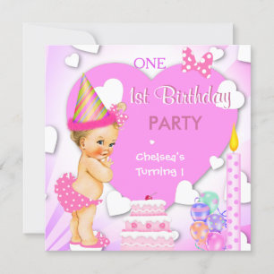 Invitation Fête du 1er anniversaire Fille blonde bébé rose