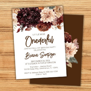 Invitation Fête du 1er anniversaire Fleurs marron beige Flora