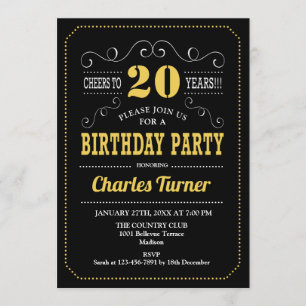 Invitation Fête du 20e anniversaire - Black Gold White