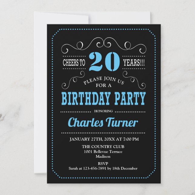 Invitation Fête du 20e anniversaire - Bleu Noir Blanc (Devant)
