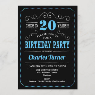 Invitation Fête du 20e anniversaire - Bleu Noir Blanc